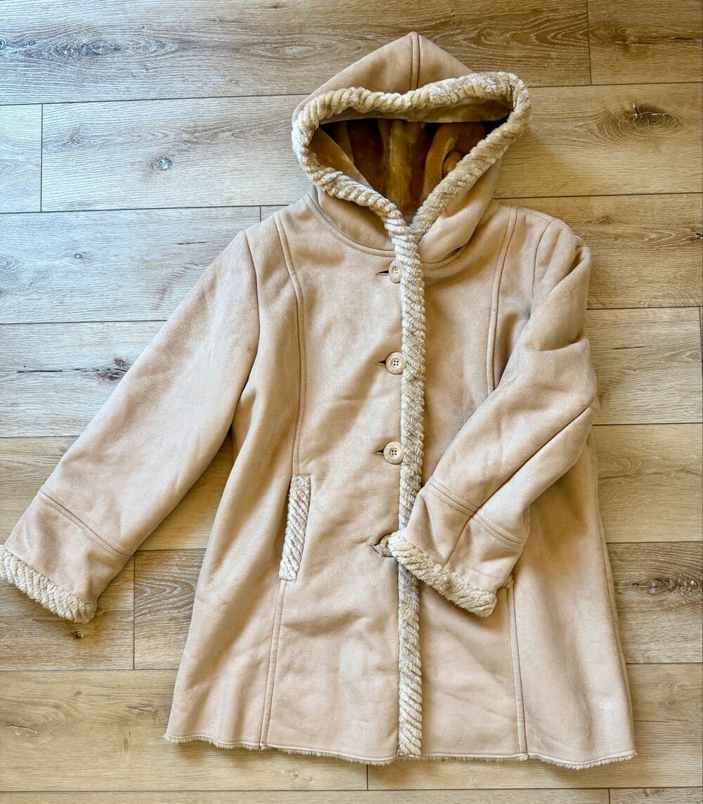 Vintage XL St. John’s Bay Faux Suede Shearling Sherpa Hooded Coat Jacket Boho
